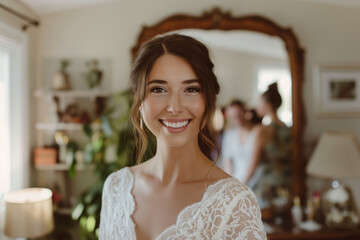 Wall Mural - Glamorous brunette bride ready for wedding ceremony wearing a white marriage lace dress and has her hair in a bun