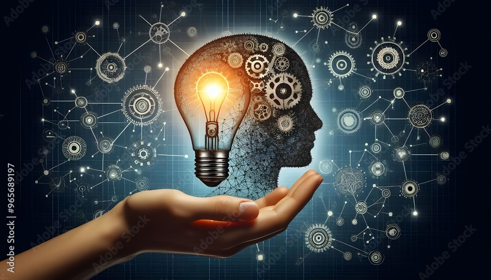 Outline of a human head with gears and lightbulb held by a hand with a ...