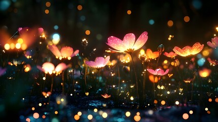 Glowing flowers garden against dark background with a dotted light pattern on the ground image