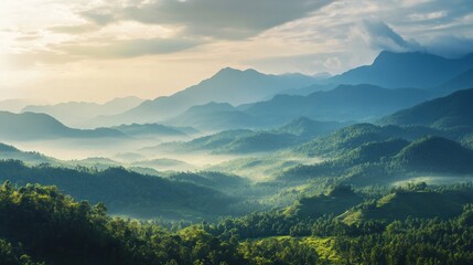 Wall Mural - Serene Mountain Landscape with Misty Valley