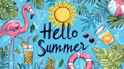 Wall Mural - A vibrant summer-themed design showcases a sun, a pink flamingo, tropical drinks, and playful accessories, all set against a bright blue backdrop to celebrate summer