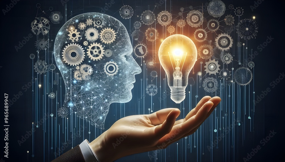 Outline of a human head with gears and lightbulb held by a hand with a ...