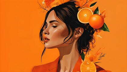 Elegant collage illustration of a beautiful woman with flowing hair on a vibrant orange background, perfect for planners, notebooks, and feminine wallpaper designs