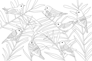 Wall Mural - coloring book page for adults and children. little birds perching on leafy plants