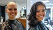 © Fleuronica - A person is seen smiling in a salon before and after a hairstyle transformation, highlighting the contrast between a shaved head and styled hair