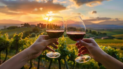 Wall Mural - Hand holding wine glass closeup view in grape plantation farm