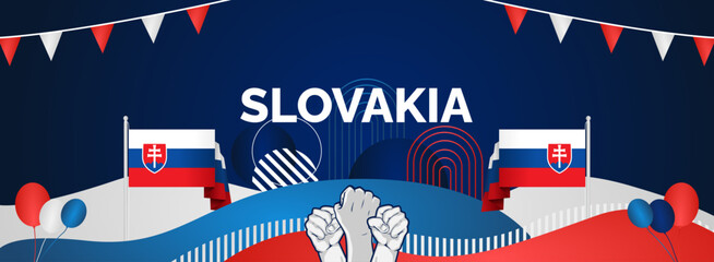 Wall Mural - Slovakia national day modern banner. Wide abstract banner with typography, raised hands and country flags. Illustration background celebrating national holidays, Independence day and sporting events