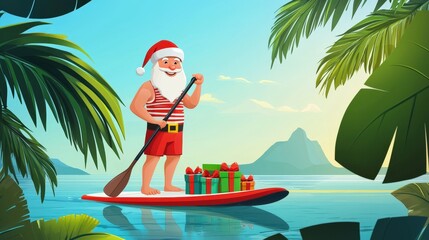 Sticker - A joyful Santa Claus, dressed in a red swimsuit and festive hat, paddles a surfboard on a peaceful lake, surrounded by vibrant plants and mountains while carrying colorful presents