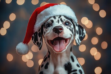 Wall Mural - A cheerful Dalmatian puppy, adorned with a Santa hat, happily poses against a backdrop of shimmering holiday lights, capturing the essence of festive joy