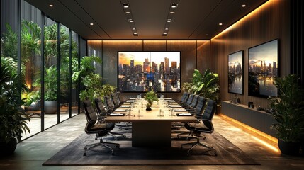 Wall Mural - Modern conference room with city view and greenery.