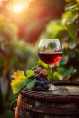 Wine glass grape with background of grape plantation winery