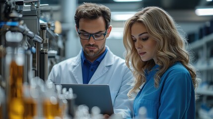 Poster - Two scientists, a man and a woman, examine data on a tablet while standing in a busy laboratory surrounded by glass containers and various scientific equipment