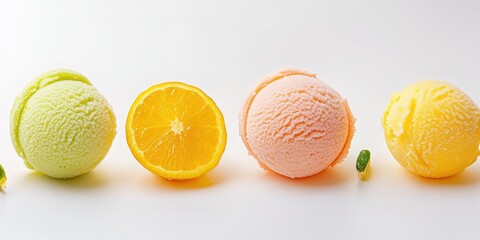 Colorful scoops of ice cream in vibrant flavors, showcasing refreshing lemon, mint, and peach, perfect for summer treats.