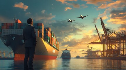 Man in Suit Observing Cargo Ship and Cranes at Sunset