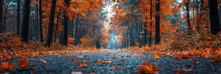 Poster - A tranquil pathway stretches through a forest, surrounded by trees adorned with stunning autumn leaves in shades of orange and yellow. Sunlight filters gently through the branches