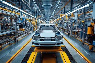 Poster - The assembly line features a partially constructed car placed on a brightly lit conveyor track, surrounded by advanced machinery and robotic arms, illustrating modern manufacturing processes