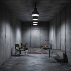 Concrete room with three ceiling lamps