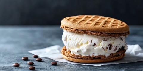 Delicious ice cream sandwich featuring a creamy center between two crunchy waffle cookies, perfect for dessert lovers.