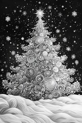 Poster - black and white drawing of a swirling Christmas tree. Stars twinkle above it, creating a magical atmosphere during the festive season