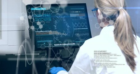 Poster - Animation of scientific data processing over caucasian female scientist in laboratory