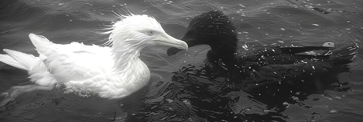 Poster - A white bird and a black bird glide side by side in tranquil water, showcasing their distinct plumage and peaceful interaction in the gentle light of dawn