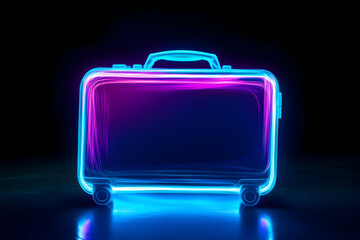 Glowing neon suitcase icon isolated on black background.