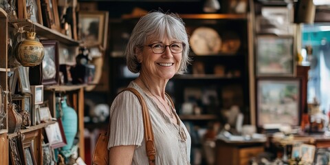 Smiling mature woman stands in an antique store, surrounded by vintage decorations, creating a warm and inviting atmosphere.