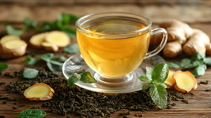 A cup of herbal green tea with ginger