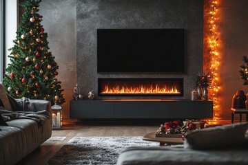 Wall Mural - The living room features beautifully decorated Christmas tree, a sleek modern fireplace, and warm lighting creating a festive atmosphere perfect for holiday gatherings