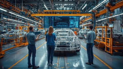 Poster - In a contemporary manufacturing plant, three workers review digital blueprints and vehicle models, emphasizing teamwork in the electric vehicle production process