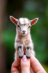 Wall Mural - Mini micro baby kid goat perched on someones fingers.