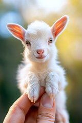 Mini micro baby kid goat perched on someones fingers.