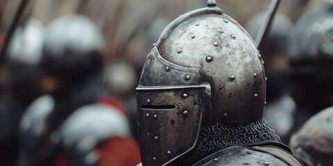 A close-up of a medieval knight's helmet, showcasing the intricate details and metallic texture, symbolizing bravery and history.