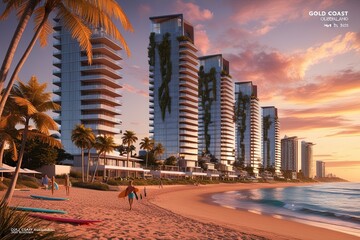 Wall Mural - Gold Coast, Queensland, Australia - May 30, 2023: Hotels along the beach at sunset