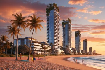 Wall Mural - Gold Coast, Queensland, Australia - May 30, 2023: Hotels along the beach at sunset