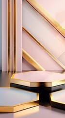 Wall Mural - Multiple Octagon Pink and Black Podium with Golden Edge for Product Advertisement. Vertical Template Suitable for Beauty Related Social Media Content