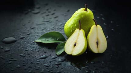 Fresh pear fruit and cut with dark background on table