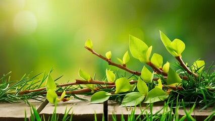 Green leaves on twigs, sward and wooden planks with green blurry background