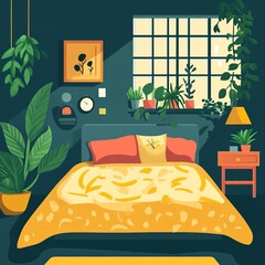 Poster - A bedroom with a bed, plants, and a window.