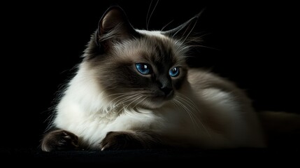 Sticker - A close-up of a beautiful cat with striking blue eyes against a dark background.