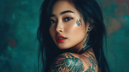 Asian beautiful model young woman tattoos art on her back background wallpaper AI generated image