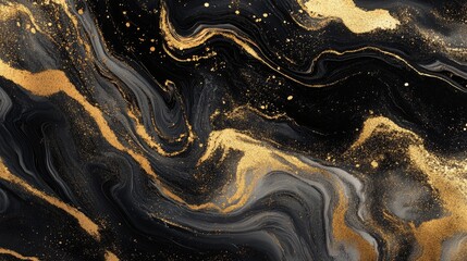 Poster - Abstract Marbled Background Liquid Watercolor Art Black and Gold Ink Stunning Marble Design Creative Marble Aesthetic Gold and Black Marble Effect Elegant Mottled Print