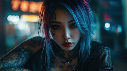 Wall Mural - Woman punk style with colored hair and skin body tattoos art background wallpaper AI generated image