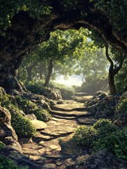 Poster - Fantasy 3D illustration featuring a forest landscape with abstract empty space Concept focused on eco friendly design
