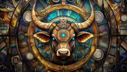 Fantasy illustration resembling stained glass featuring a steampunk design of the Taurus horoscope symbol in an oval format