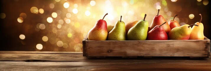 Fresh pear fruit in wooden crate