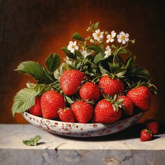 Wall Mural - A bowl of fresh strawberries with blossoms and leaves.