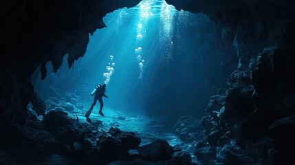 Deep underwater cave diver exploring the ocean depths with sunlight filtering through