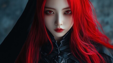 Wall Mural - Asian girl character long red hair wearing a hood in a modern mysterious style background wallpaper AI generated image