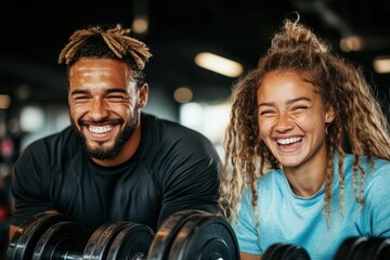 A young couple smiling broadly while lifting weights together in a gym setting, dressed in casual athletic attire, exuding energy, motivation, and mutual support.